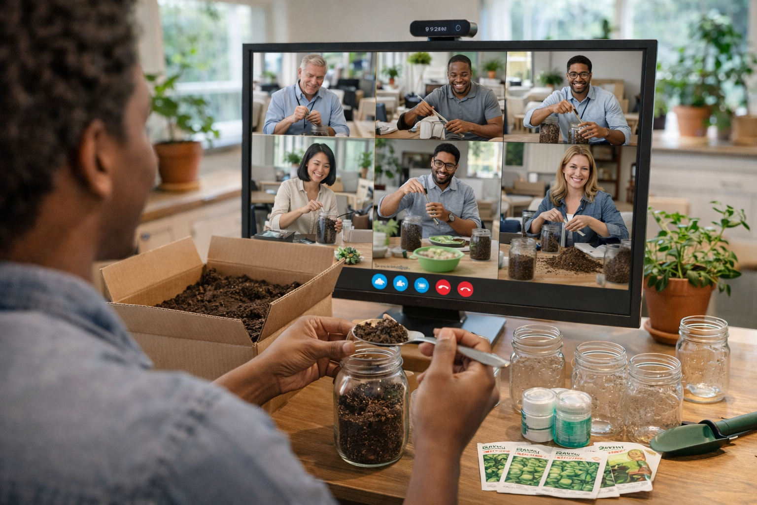 Virtual team volunteering on video call